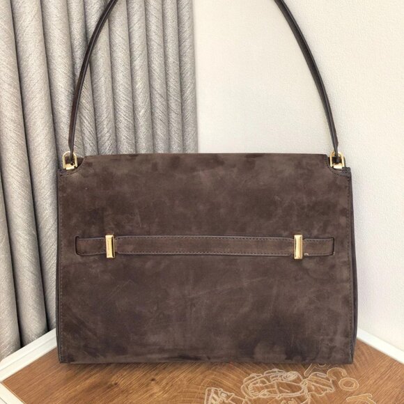 Auth Tory Burch Large Lee Radziwill Suede Shoulder Bag Dark Cocoa - Picture 2 of 9